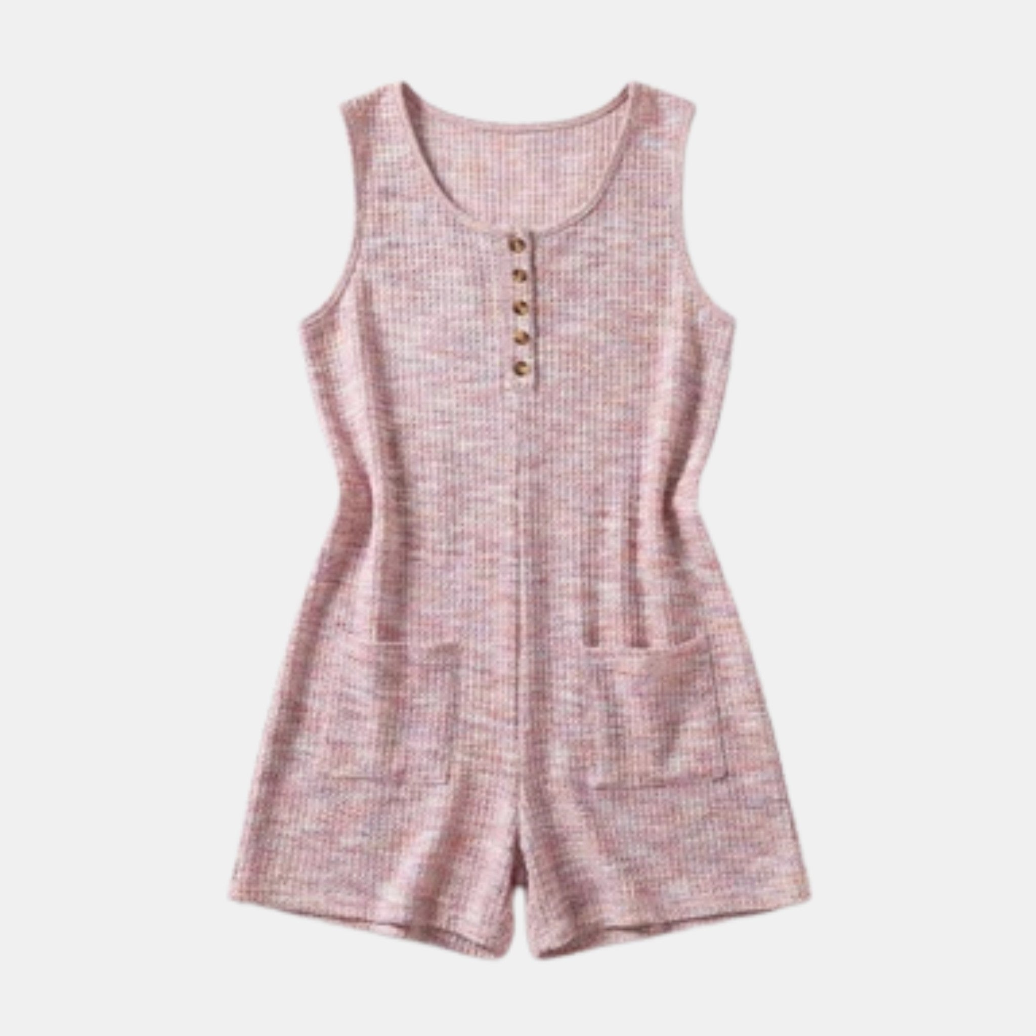 Women’s Sleeveless Textured Romper – Button Front Pocket Design