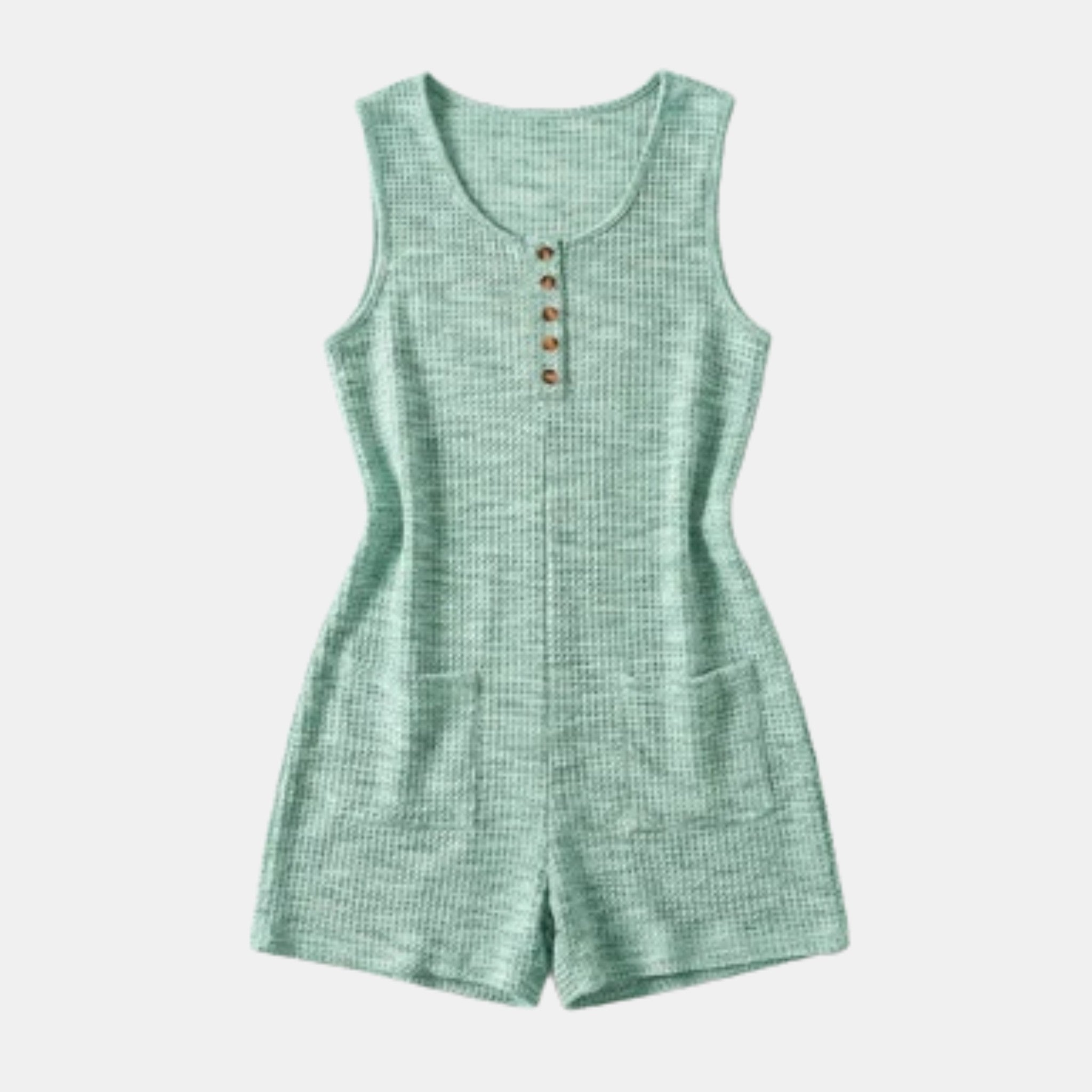 Women’s Sleeveless Textured Romper – Button Front Pocket Design