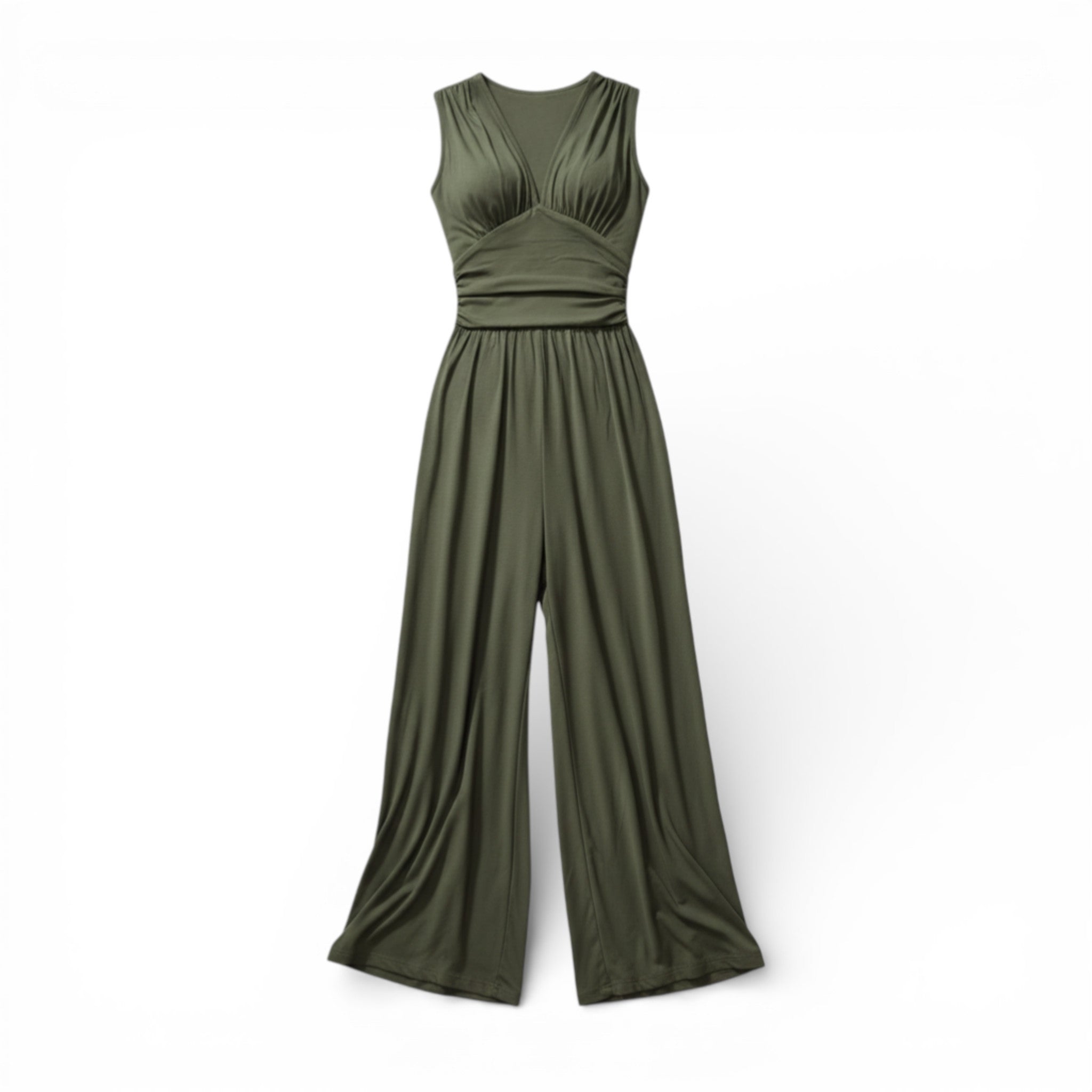 Women’s Sleeveless V-Neck Jumpsuit – Pleated Wide Leg Design