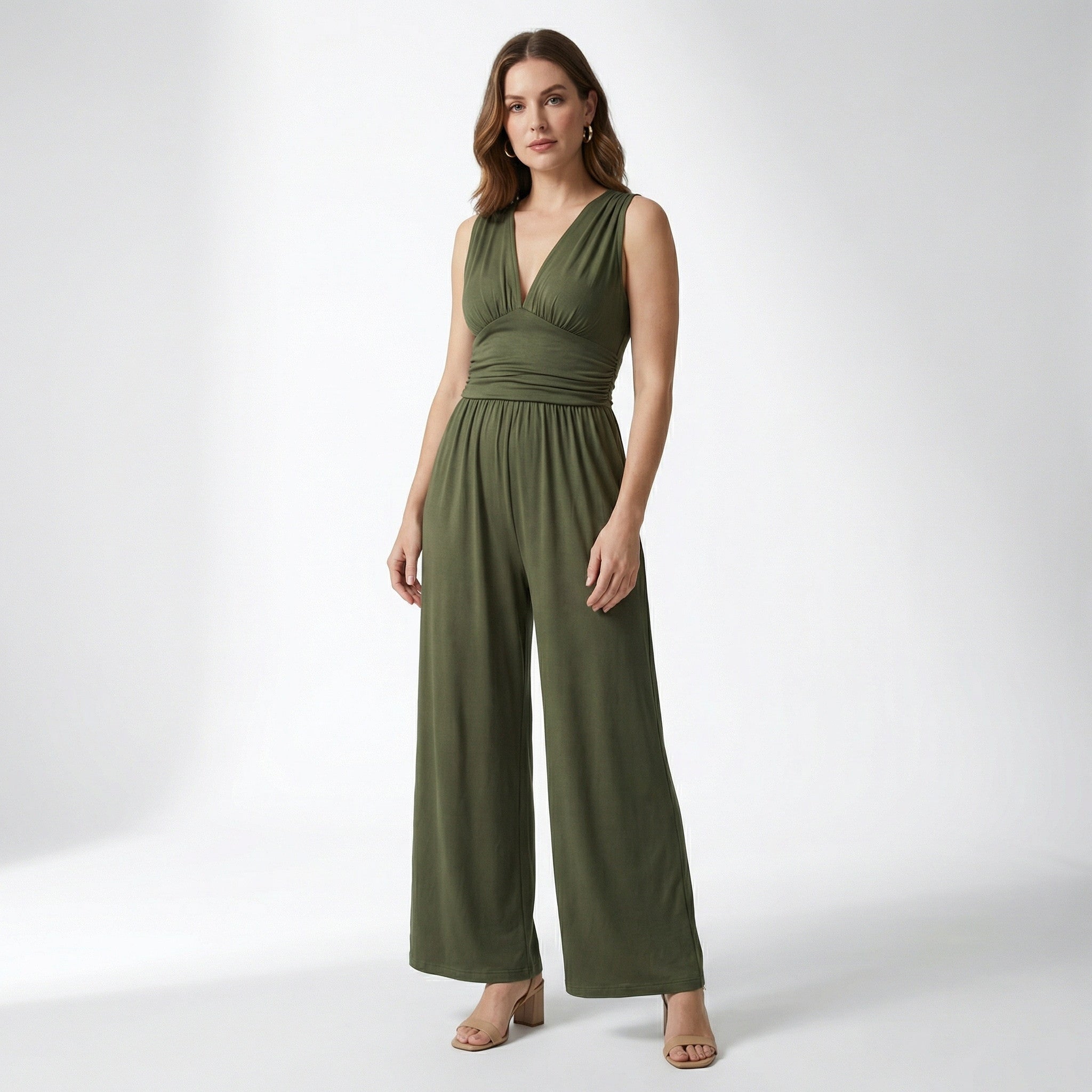 Women’s Sleeveless V-Neck Jumpsuit – Pleated Wide Leg Design