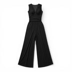 Women’s Sleeveless V-Neck Jumpsuit – Pleated Wide Leg Design