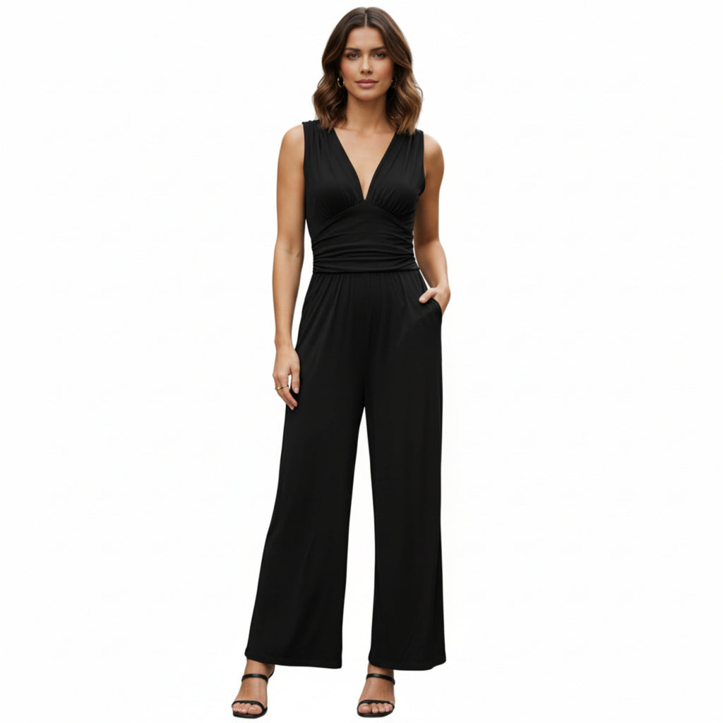 Women’s Sleeveless V-Neck Jumpsuit – Pleated Wide Leg Design