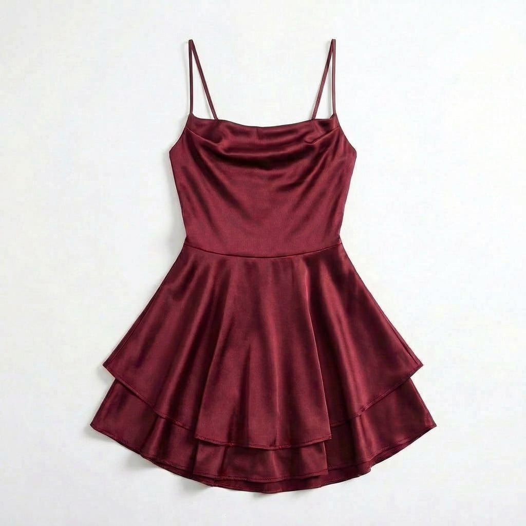 Women’s Square Neck Mini Dress – Spaghetti Strap Flared Skirt