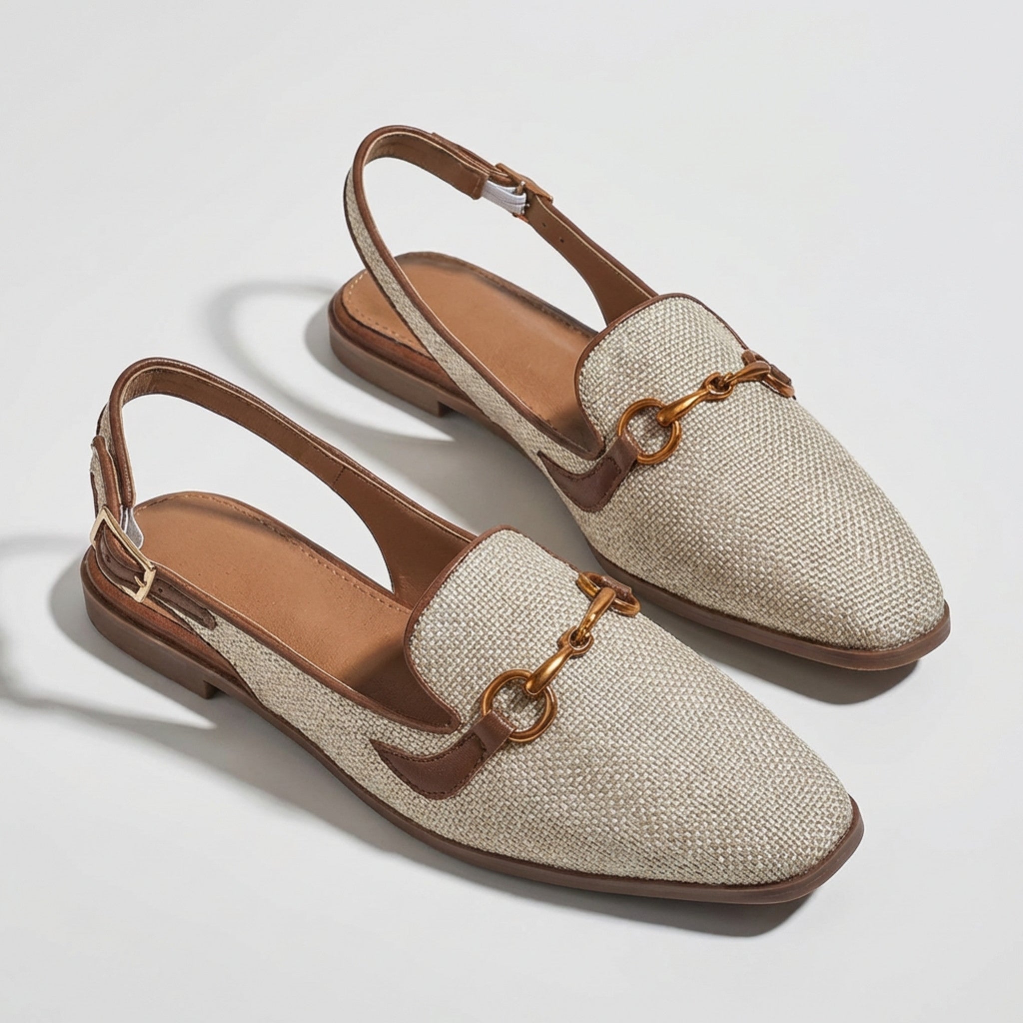 Women’s Square Toe Slingback Flats – Buckle Detail Woven Upper