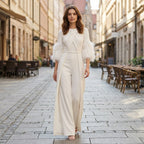 Women’s Jewel Neck Jumpsuit – Straight Leg Feather Sleeve