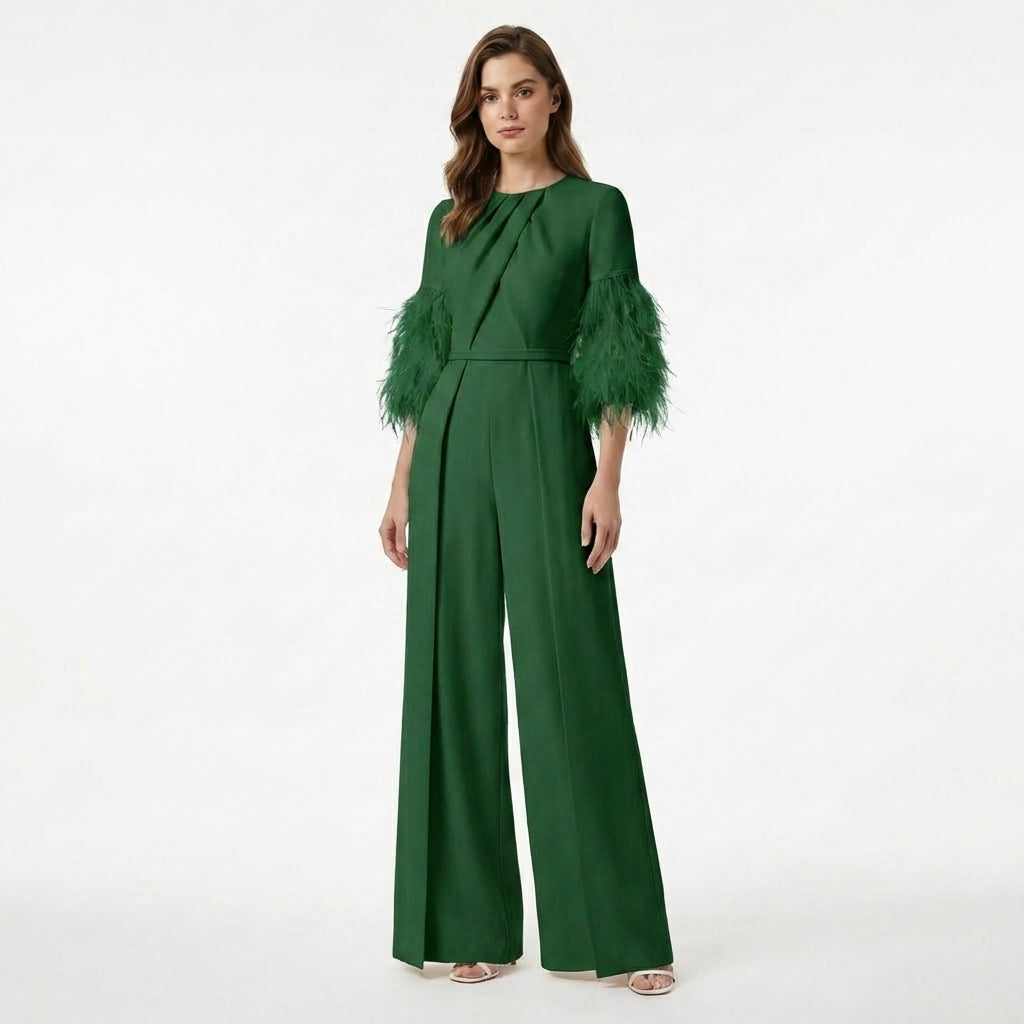Women’s Jewel Neck Jumpsuit – Straight Leg Feather Sleeve