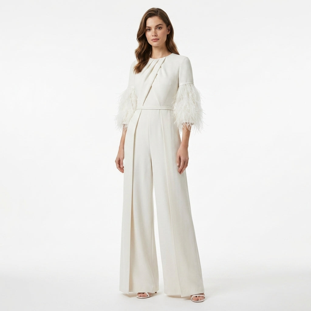 Women’s Jewel Neck Jumpsuit – Straight Leg Feather Sleeve