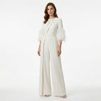 Women’s Jewel Neck Jumpsuit – Straight Leg Feather Sleeve