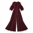 Women’s Jewel Neck Jumpsuit – Straight Leg Feather Sleeve