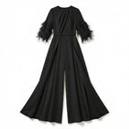 Women’s Jewel Neck Jumpsuit – Straight Leg Feather Sleeve