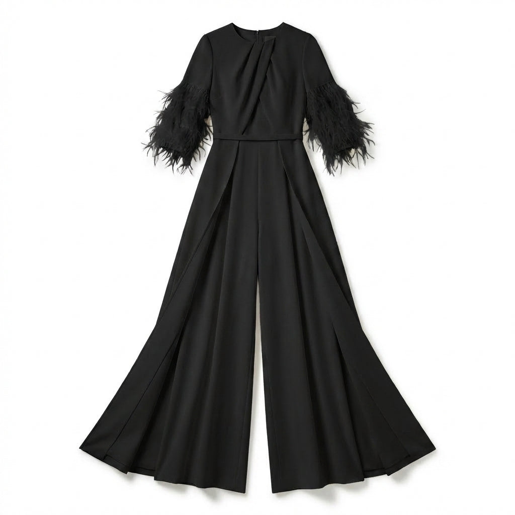 Women’s Jewel Neck Jumpsuit – Straight Leg Feather Sleeve