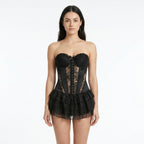 Women’s Strapless Lace Corset Dress – Layered Mini Skirt
