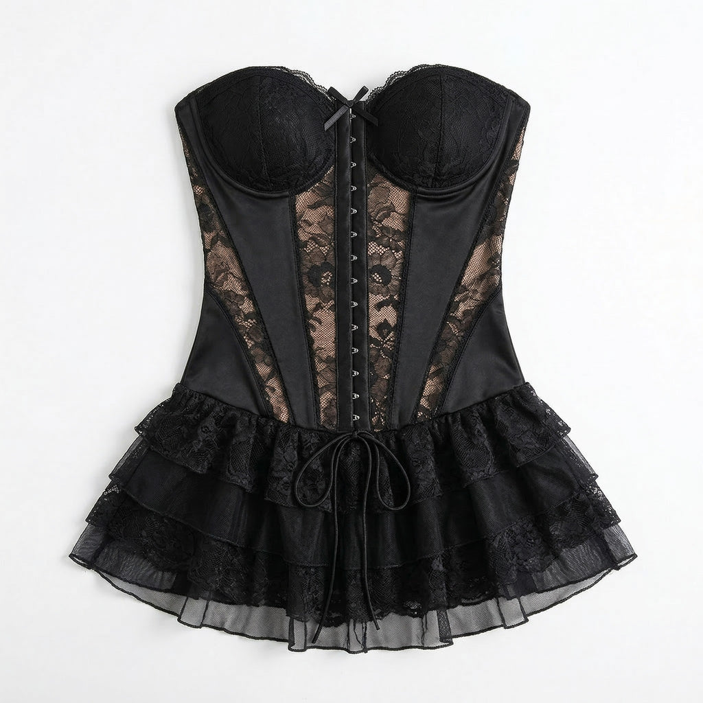 Women’s Strapless Lace Corset Dress – Layered Mini Skirt