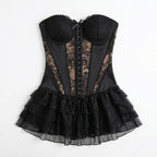 Women’s Strapless Lace Corset Dress – Layered Mini Skirt