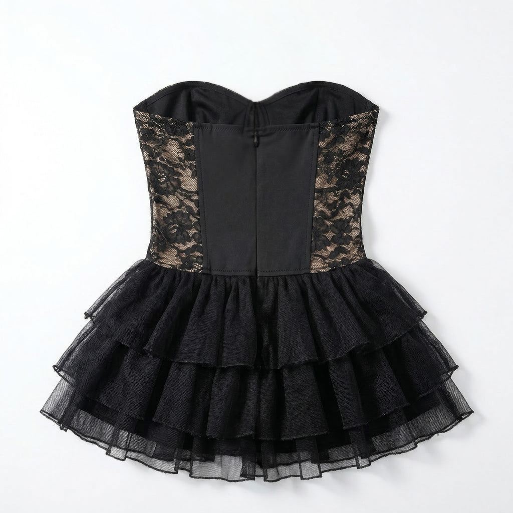 Women’s Strapless Lace Corset Dress – Layered Mini Skirt