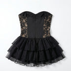 Women’s Strapless Lace Corset Dress – Layered Mini Skirt