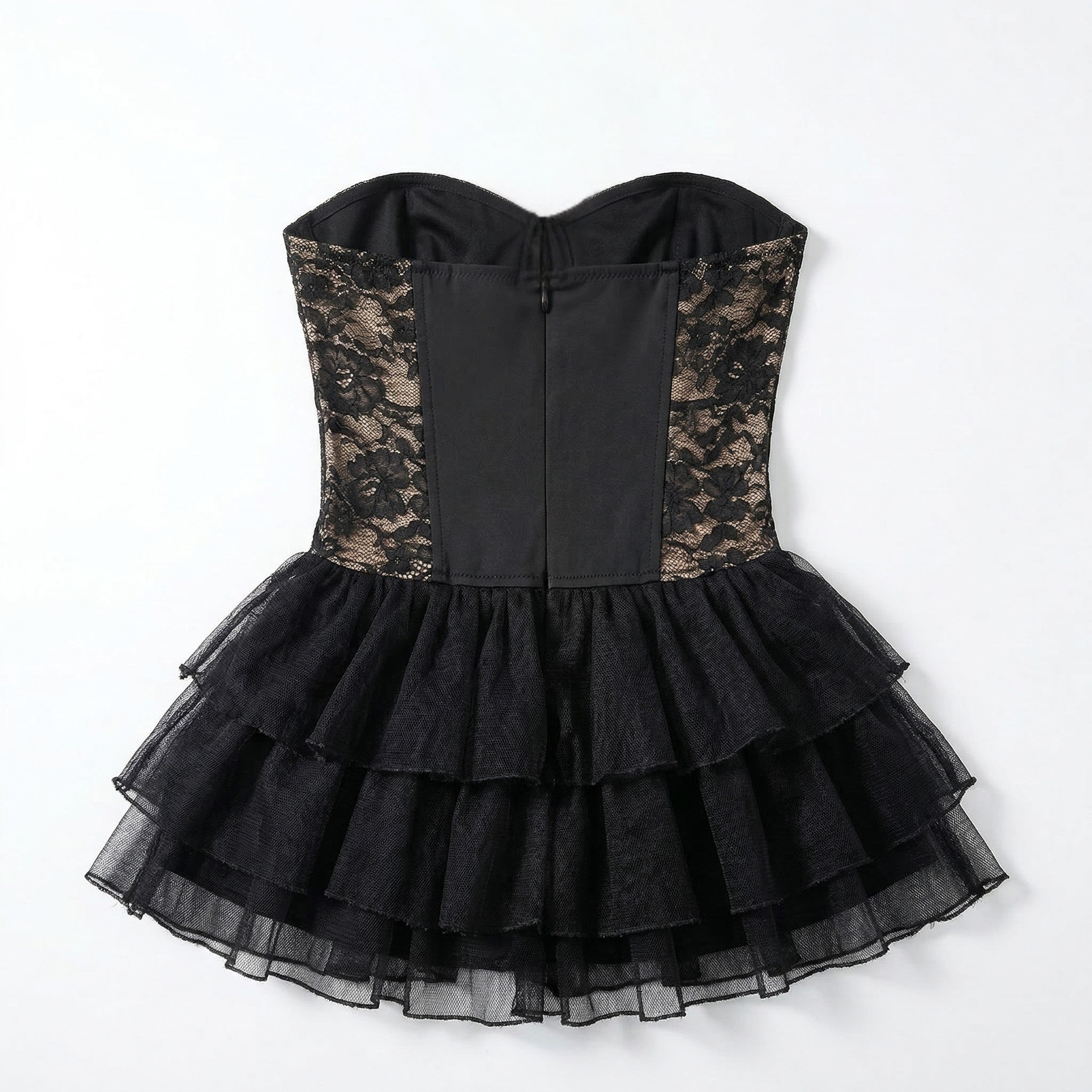 Women’s Strapless Lace Corset Dress – Layered Mini Skirt