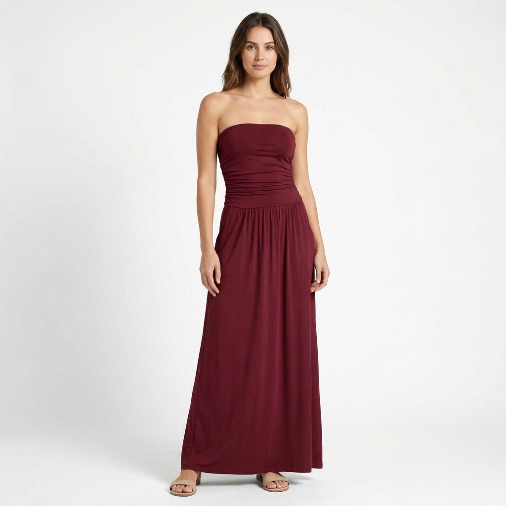 Women’s Strapless Maxi Dress – Bandeau Ruched Waist