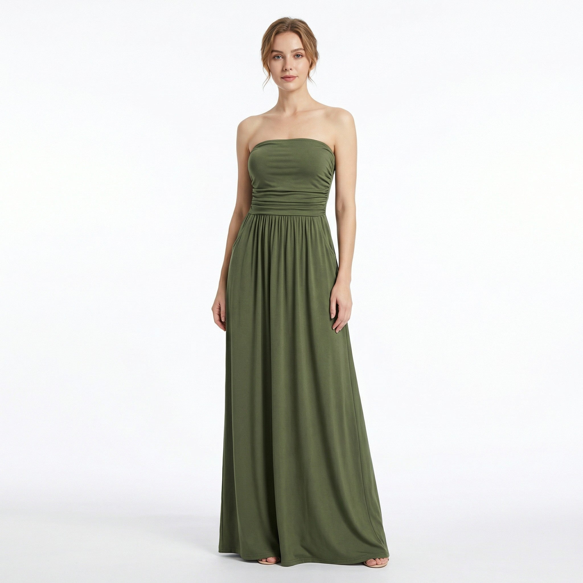 Women’s Strapless Maxi Dress – Bandeau Ruched Waist