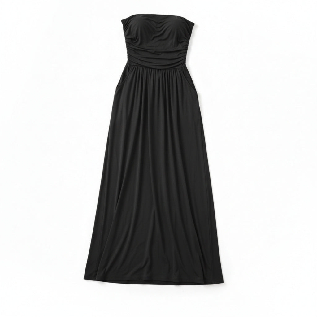 Women’s Strapless Maxi Dress – Bandeau Ruched Waist