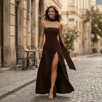 Women’s Strapless Maxi Dress – Side Slit Gathered