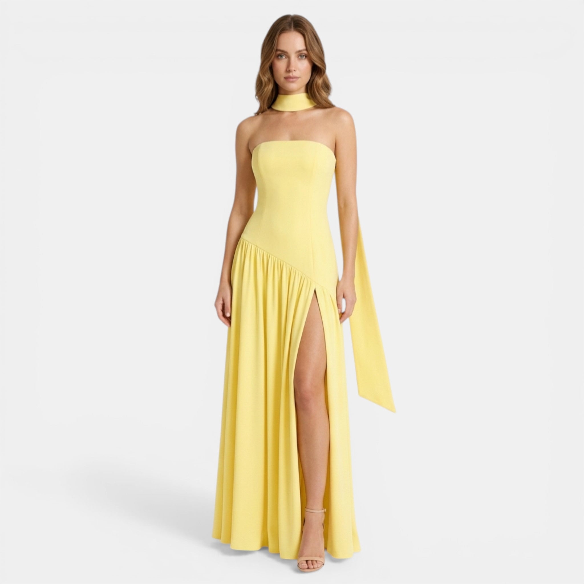 Women’s Strapless Maxi Dress – Side Slit Gathered