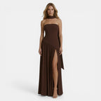 Women’s Strapless Maxi Dress – Side Slit Gathered