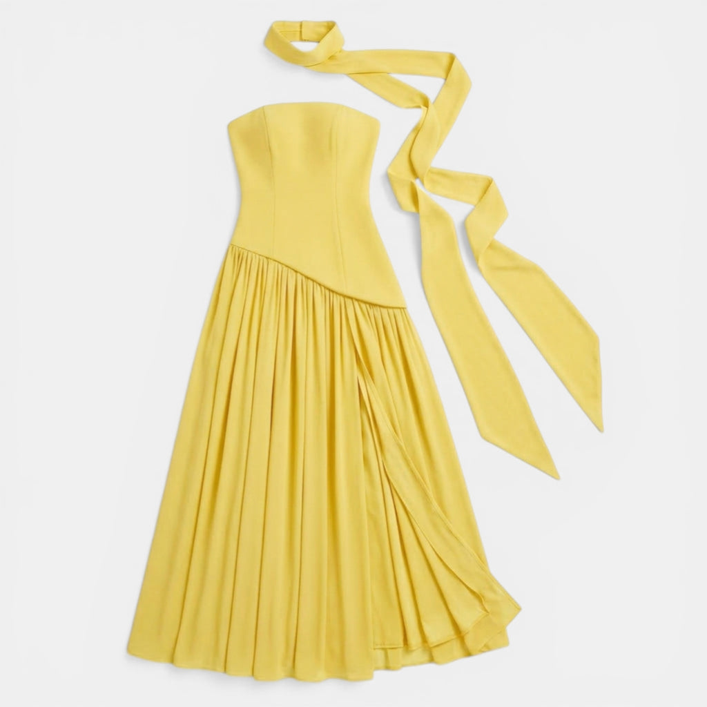 Women’s Strapless Maxi Dress – Side Slit Gathered