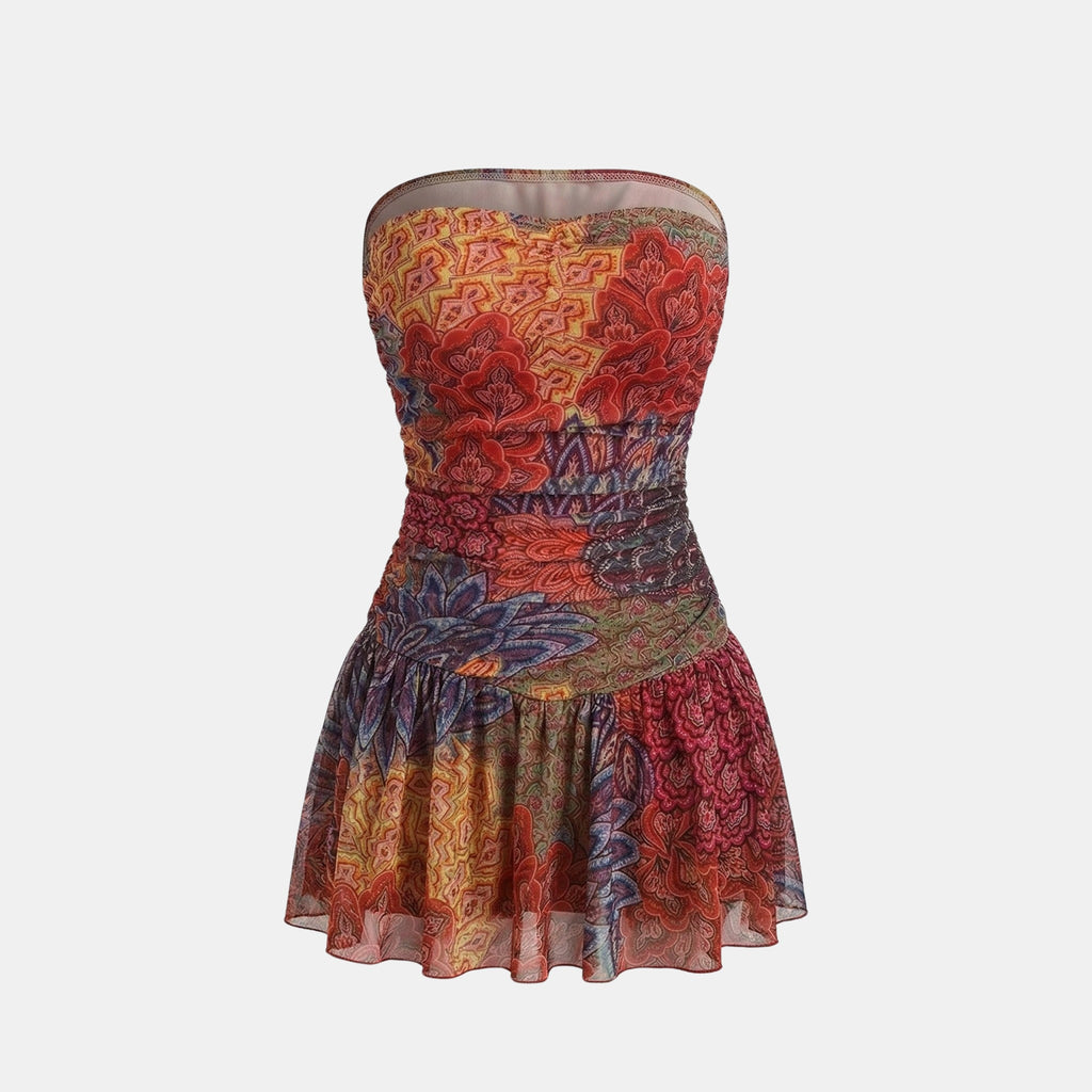 Women’s Strapless Printed Mini Dress – Ruffled Hem Design