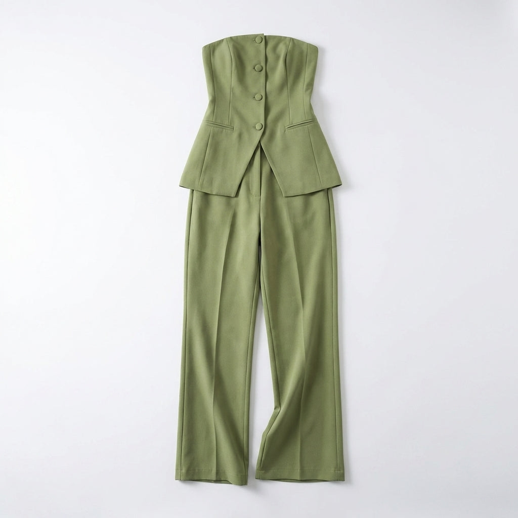 Women’s Strapless Two Piece Set – Button Front Wide Leg