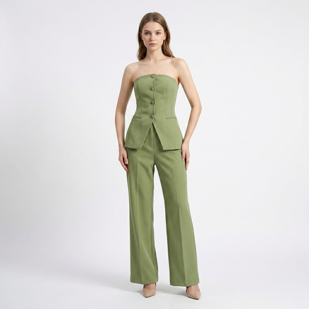 Women’s Strapless Two Piece Set – Button Front Wide Leg