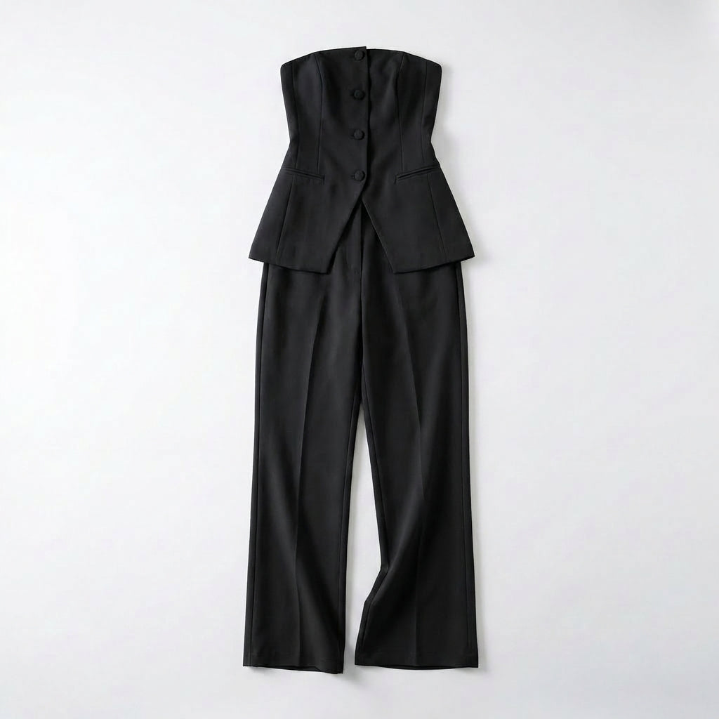 Women’s Strapless Two Piece Set – Button Front Wide Leg