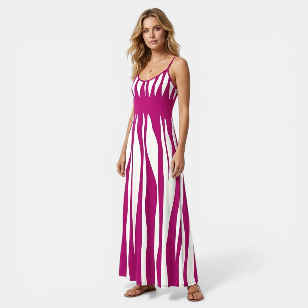 Women’s Striped Maxi Dress – V-Neck Thin Strap