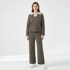Women’s Striped Two-Piece Set – V-Neck Knit Design