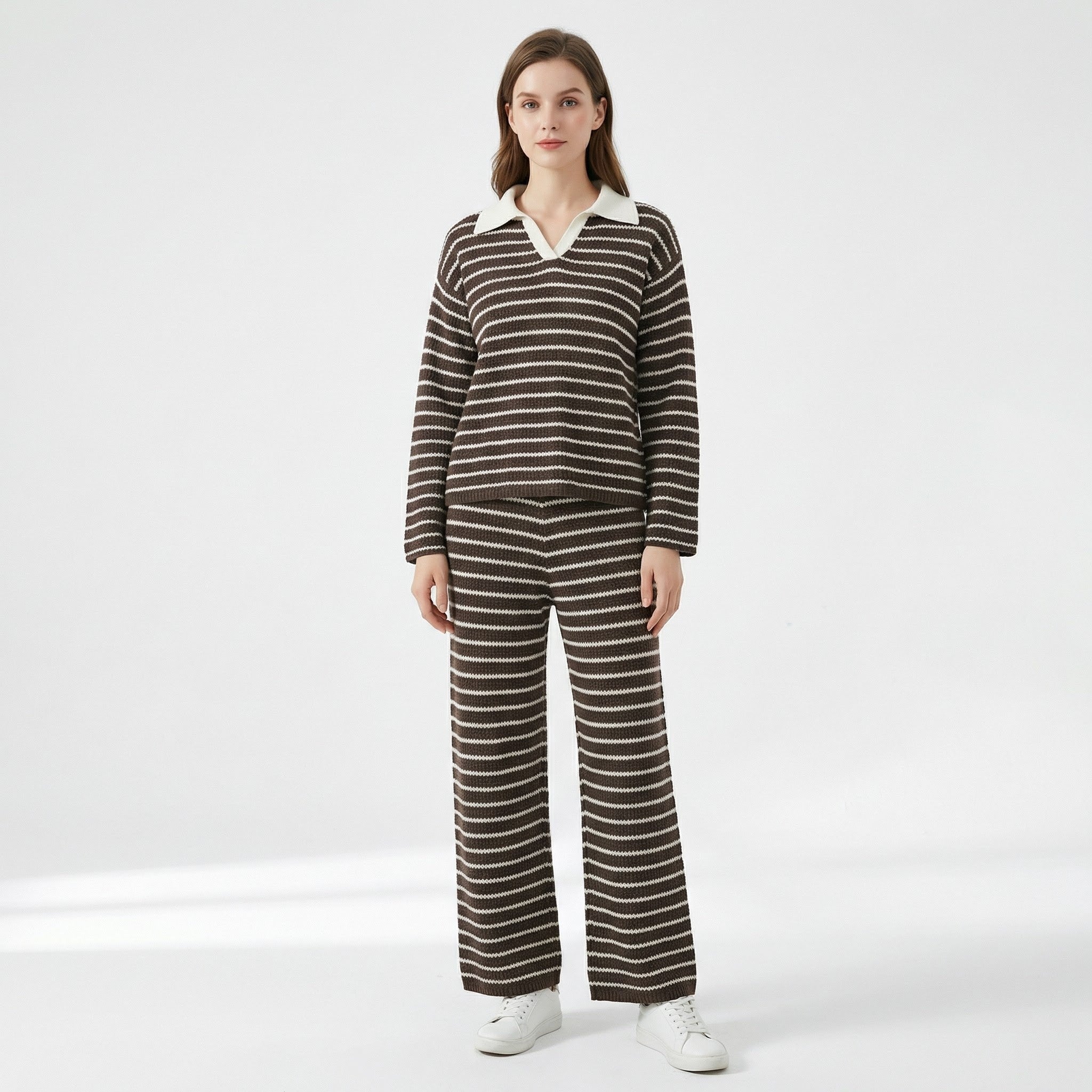 Women’s Striped Two-Piece Set – V-Neck Knit Design