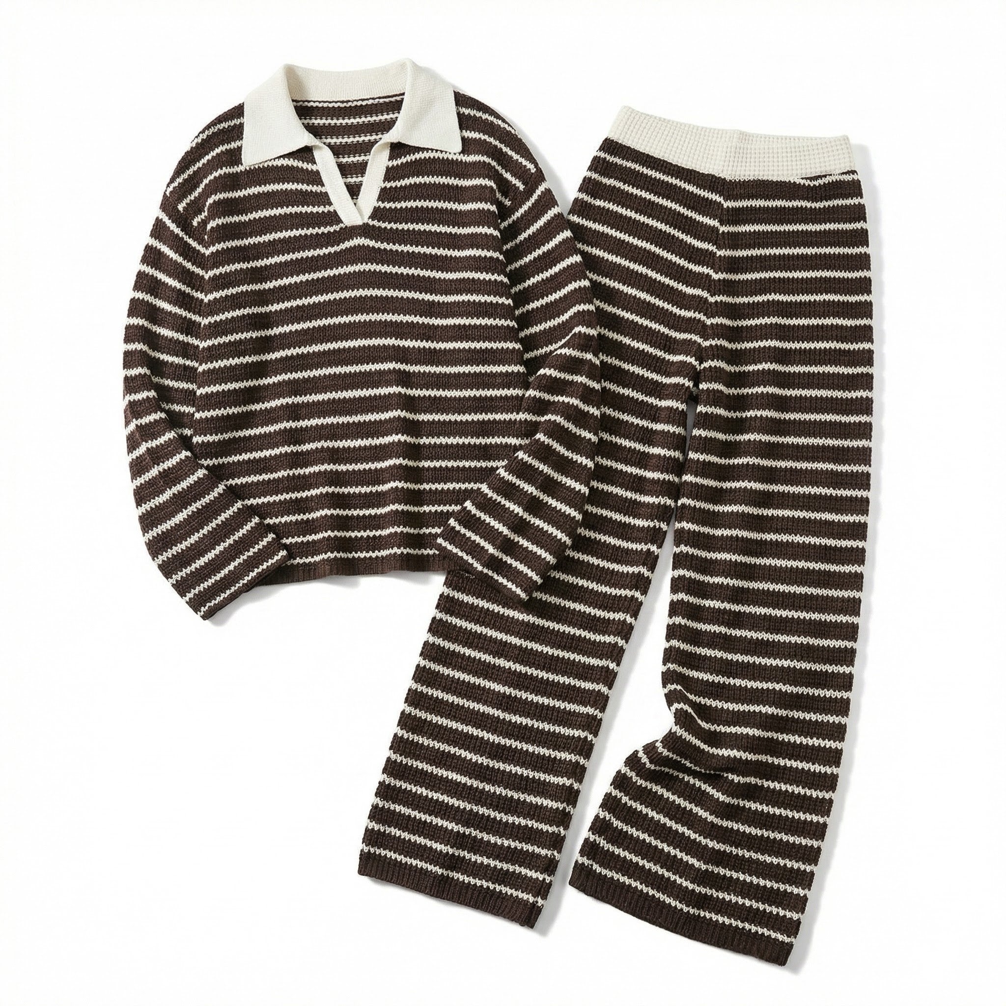 Women’s Striped Two-Piece Set – V-Neck Knit Design