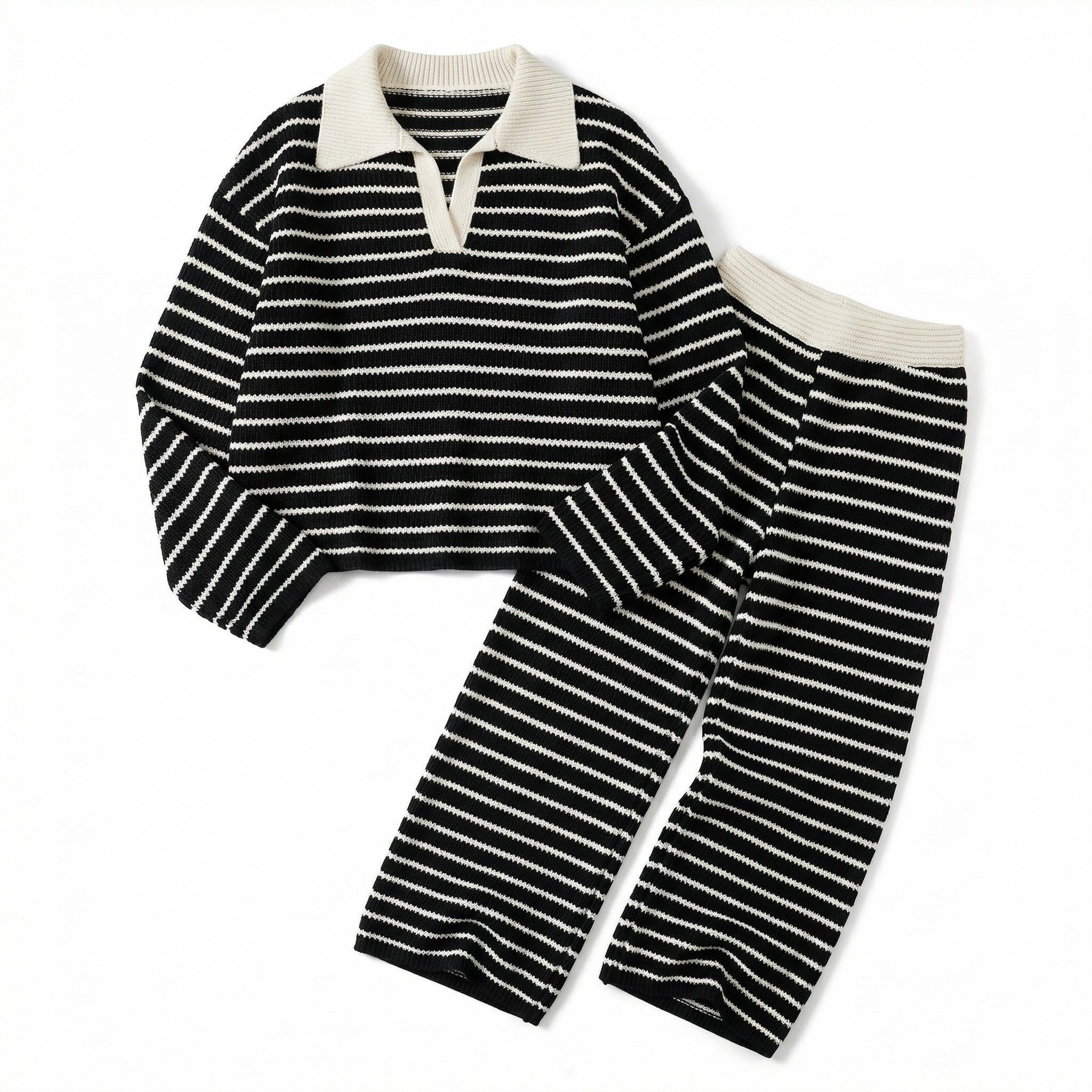 Women’s Striped Two-Piece Set – V-Neck Knit Design