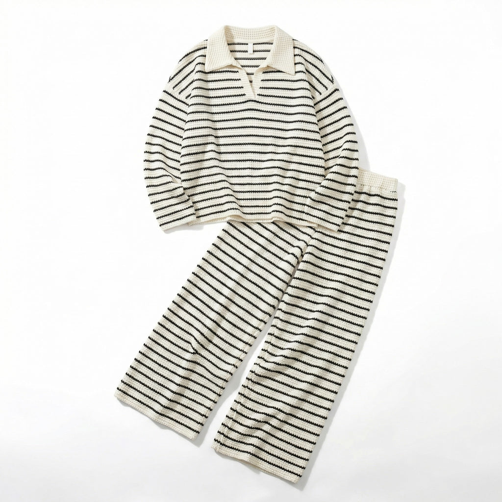 Women’s Striped Two-Piece Set – V-Neck Knit Design