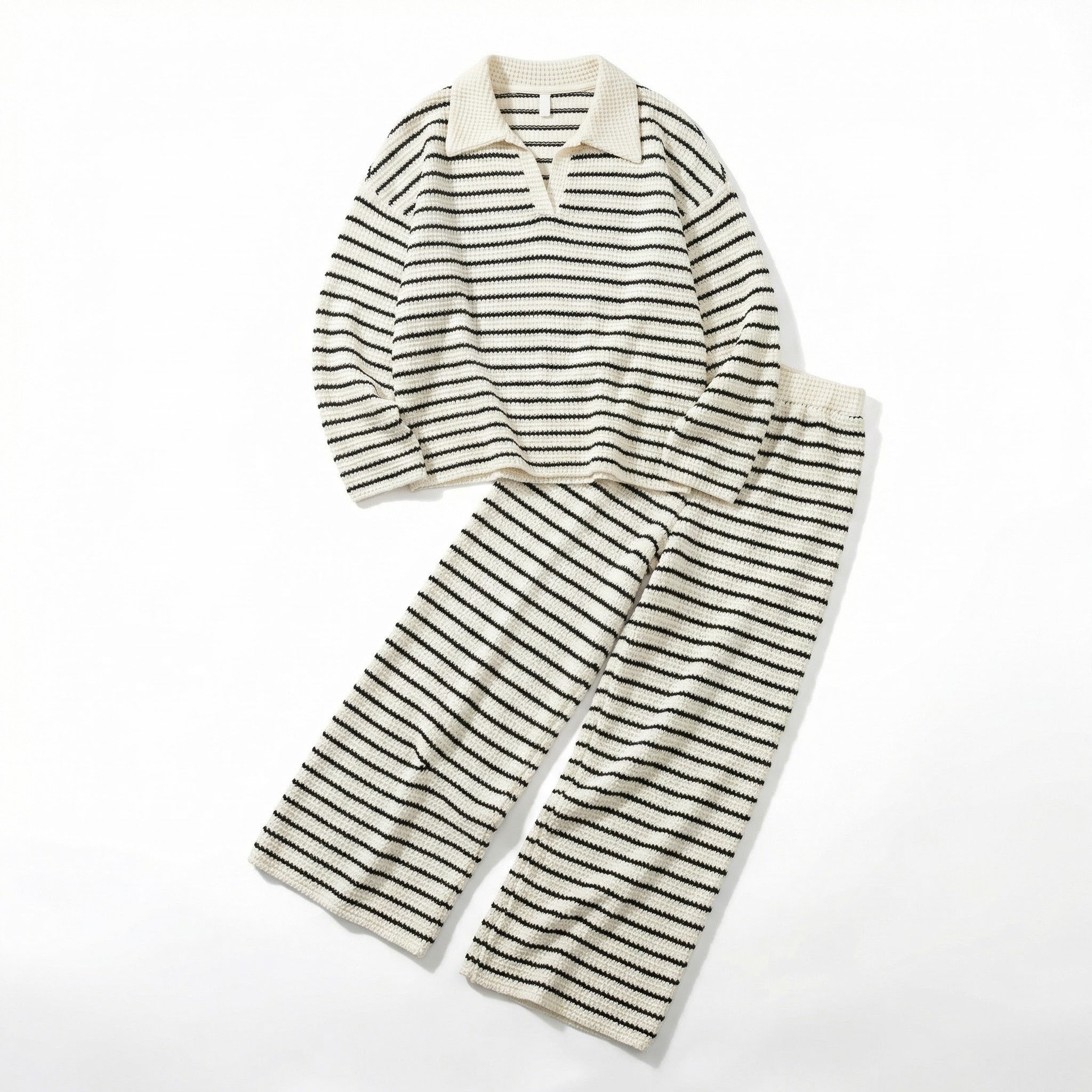 Women’s Striped Two-Piece Set – V-Neck Knit Design