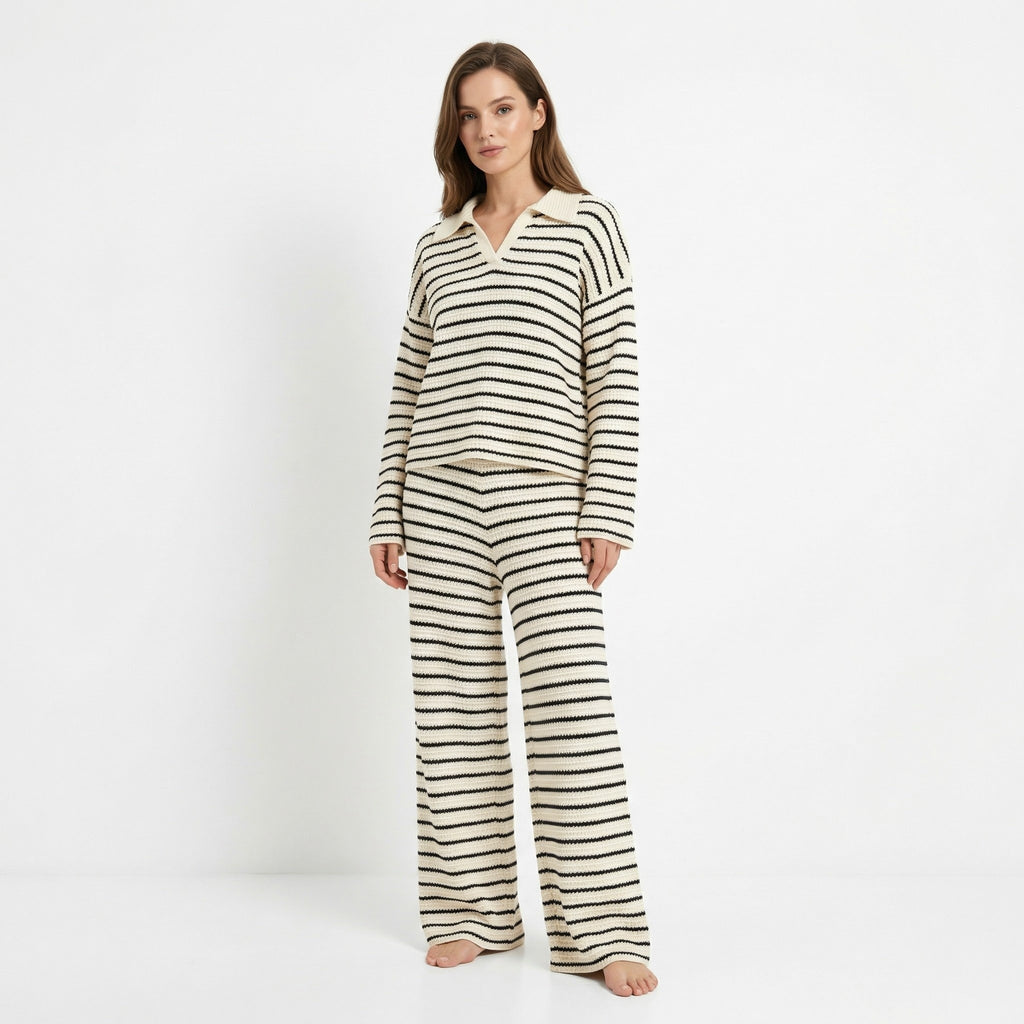 Women’s Striped Two-Piece Set – V-Neck Knit Design