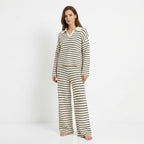 Women’s Striped Two-Piece Set – V-Neck Knit Design