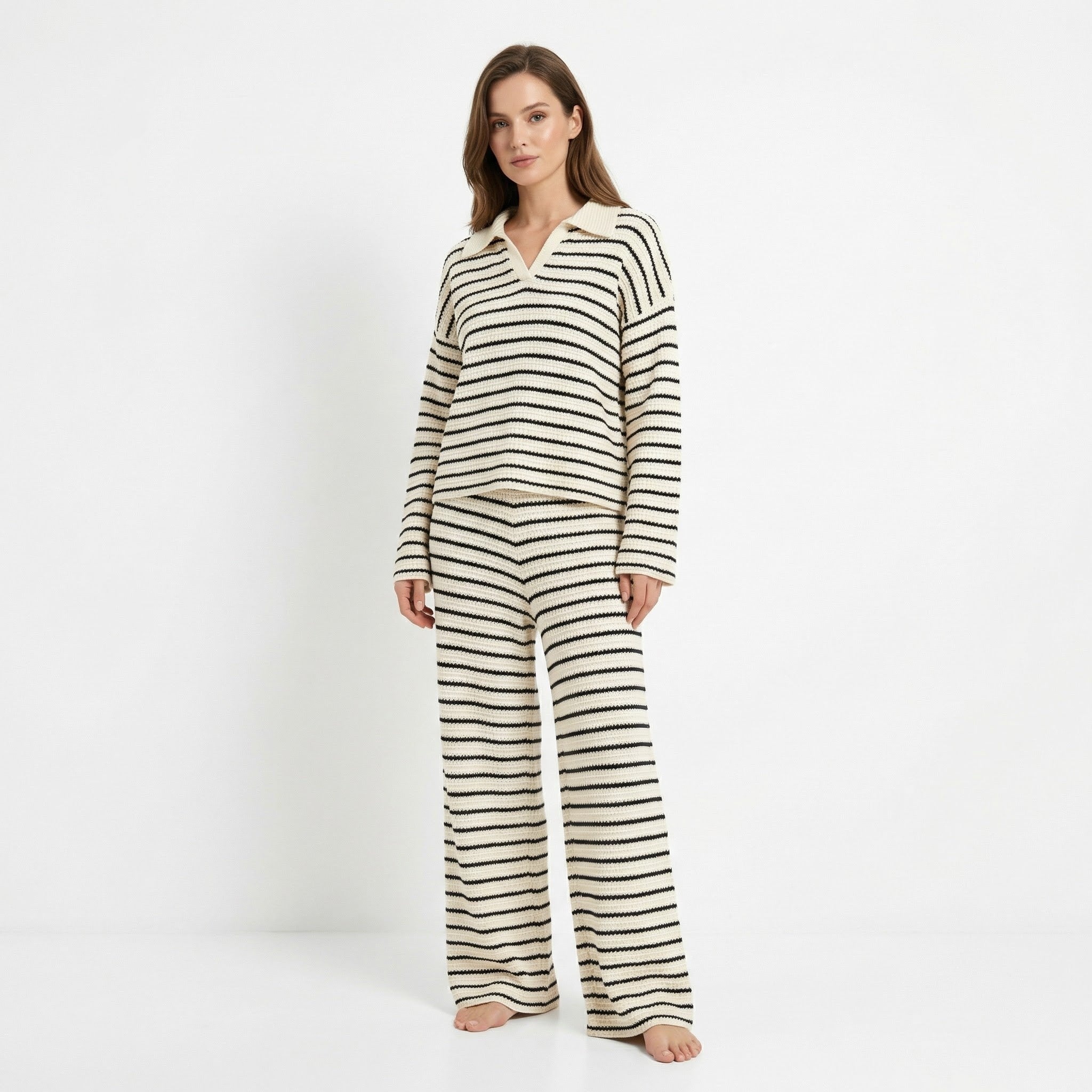 Women’s Striped Two-Piece Set – V-Neck Knit Design