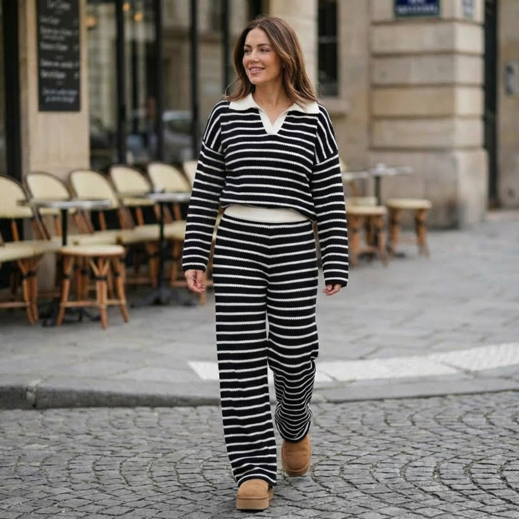 Women’s Striped Two-Piece Set – V-Neck Knit Design