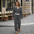Women’s Striped Two-Piece Set – V-Neck Knit Design