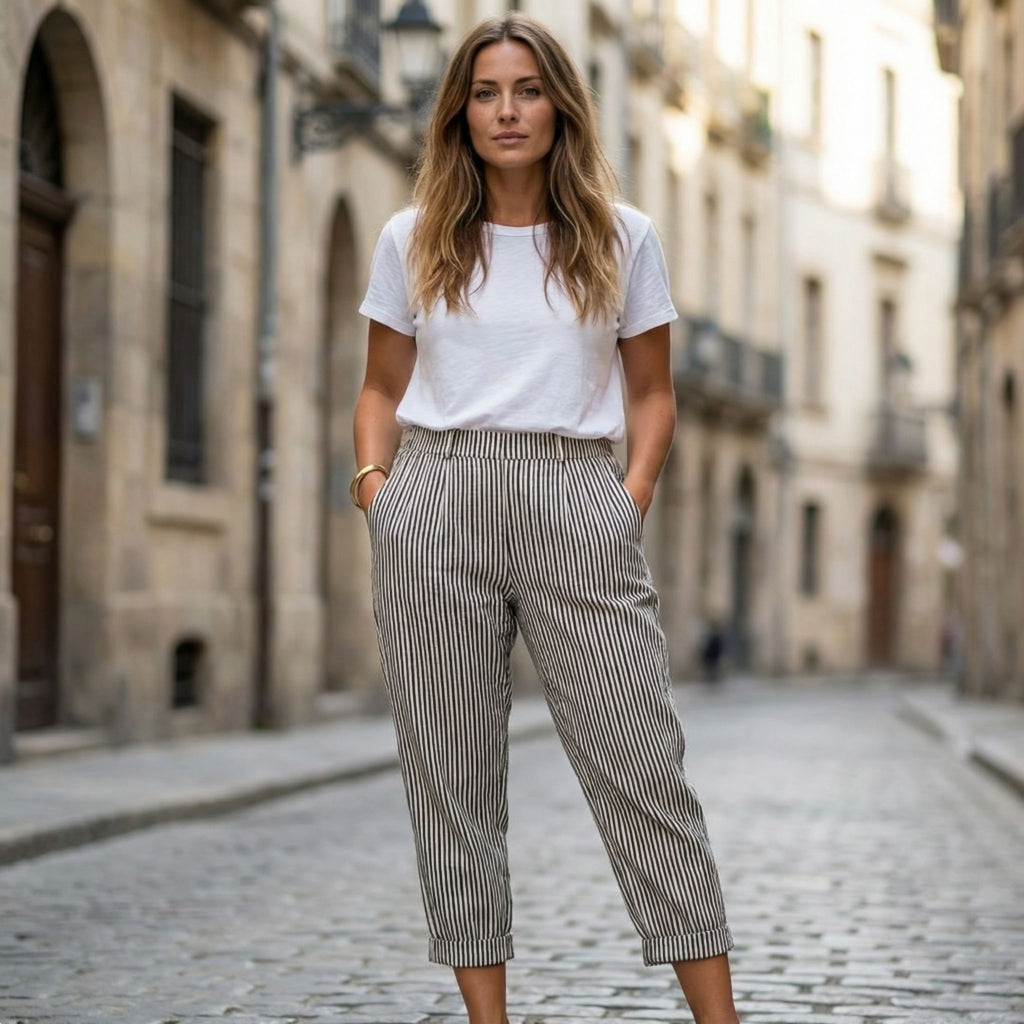 Women’s Striped Wide-Leg Cropped Pants – Casual Lightweight Style