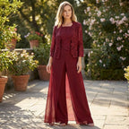 Women’s Structured Pantsuit Set – Lace Jacket Split Hem
