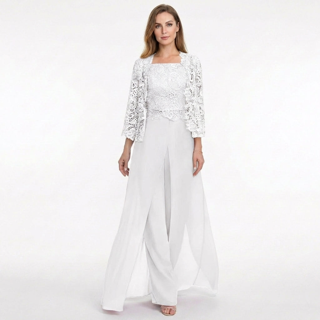 Women’s Structured Pantsuit Set – Lace Jacket Split Hem