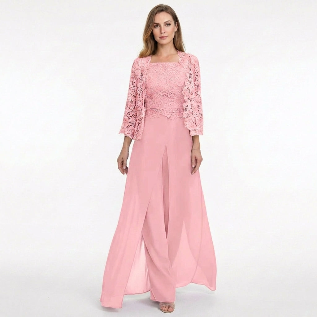 Women’s Structured Pantsuit Set – Lace Jacket Split Hem