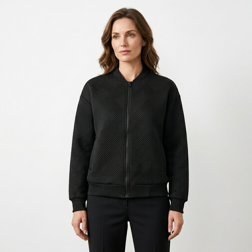 Women’s Textured Zip-Up Jacket – Stand Collar Design