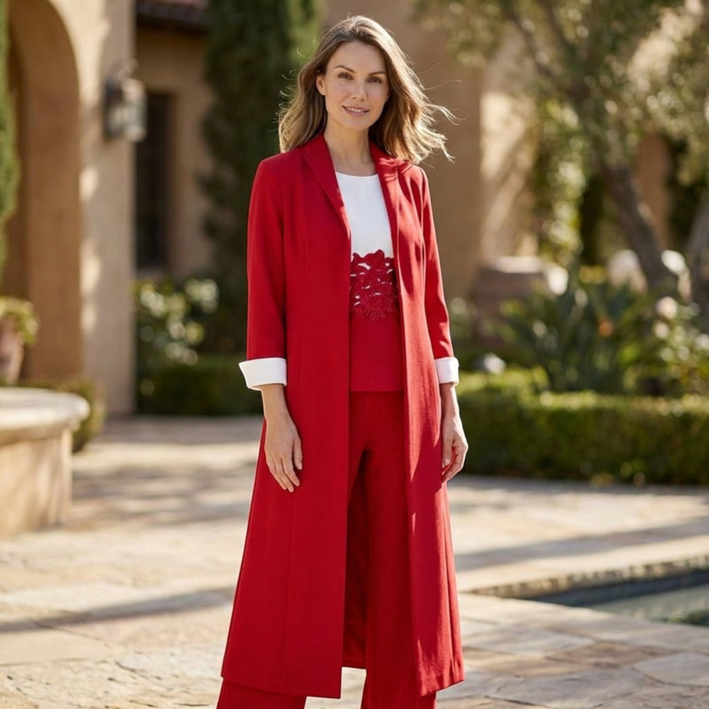 Women’s Three Piece Pantsuit – Longline Open Front Set